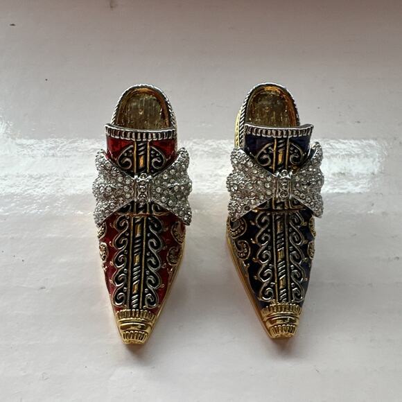 Enameled Set 2 Crystal Bejeweled Cloisonné High Heel Hinged Red Blue Trinket Box - Picture 2 of 14